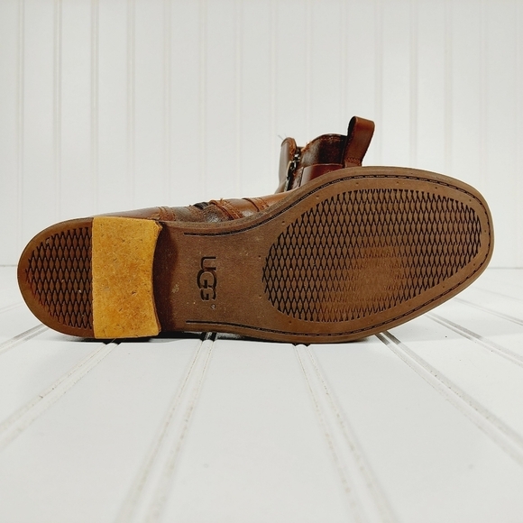 UGG Brown Leather Slip On Buckle Detail Side Zipper Ankle Riding Booties I205 - Picture 10 of 13